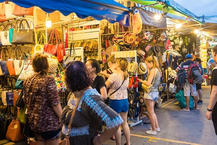 A row of shopping stalls at Chatuchak Market in Bangkok