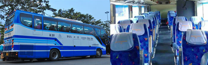 Exterior and interior view of a modern express bus in Thailand, featuring 2+2 seating per row.