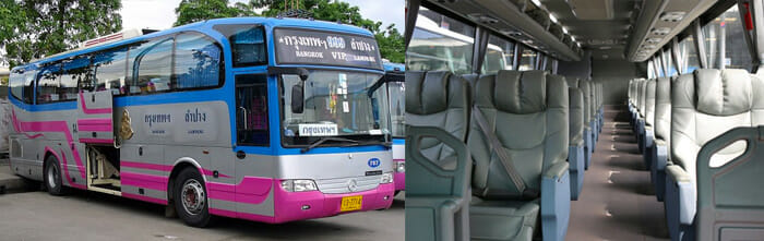 Exterior and interior view of a luxurious VIP bus in Thailand, offering 2+1 seating per row for enhanced passenger space.