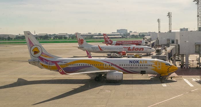 Thai Lion Air, Nok Air, and Thai AirAsia at Don Mueang Airport north of Bangkok.