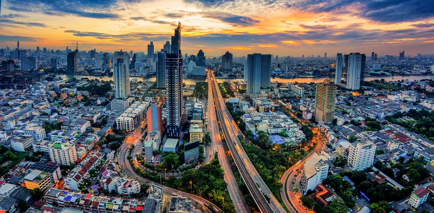 Cityscape of bangkok downtown in sunrise hours, Trident Bangkok.