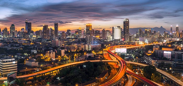 Bangkok Skyline with roads in evening