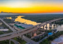 Aerial photography sunset above Sri Surat bridge across Tapee river Surat Thani Thailand