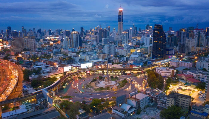 Victory Monument with Bangkok skyline