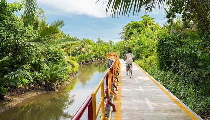 A man bicycles on a bridge in Bang Krachao sourrounded by lush jungle