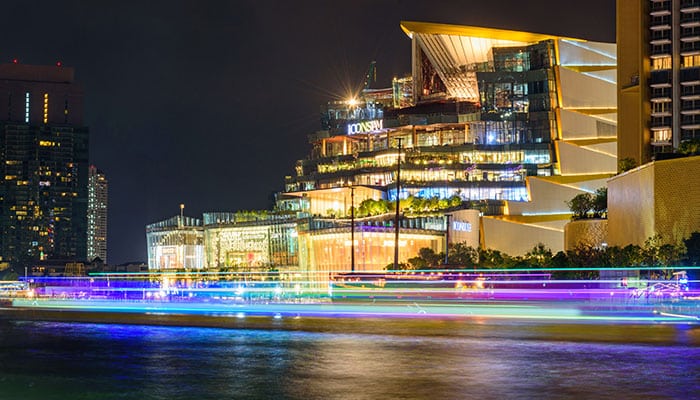 IconSiam with Chao Phraya River infront, picture taken at night with a lot of lights.