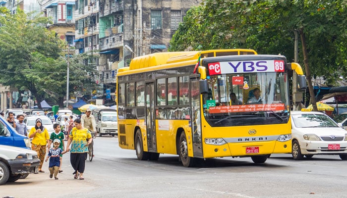 Local YBS bus in Yangon city center.
