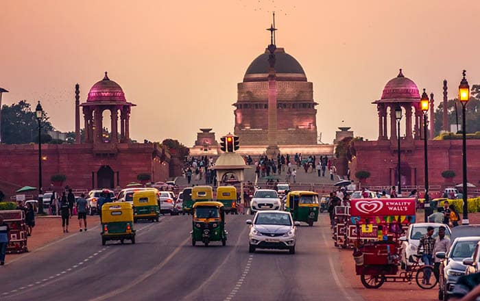 Sunset view from Rajpath 'King's Way' in Delhi near Rashtrapati Bhavan on Raisina Hill.