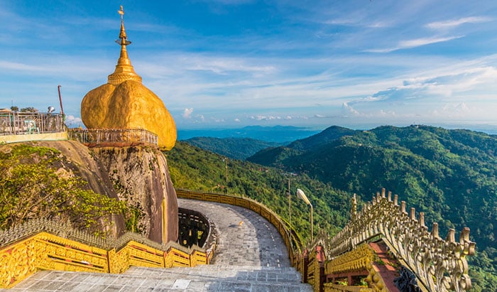 Kyaiktiyo pagoda, Golden rock, Myanmar. With beautiful blue sky