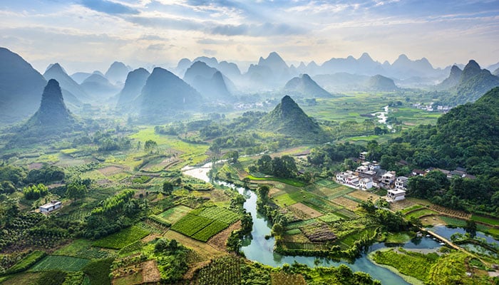 Landscape of Guilin, Li River and Karst mountains.