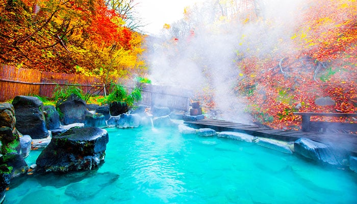 Japanese Hot Springs Onsen Natural Bath Surrounded by red-yellow fall leaves in Yamagata