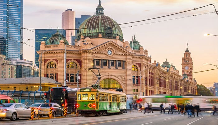 Melbourne Flinders Street Train Station in Australia at sunset