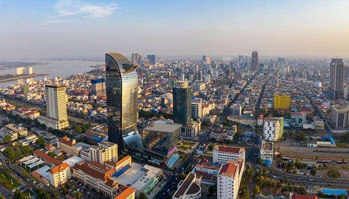 Phnom Penh droneshot in sunset of downtown