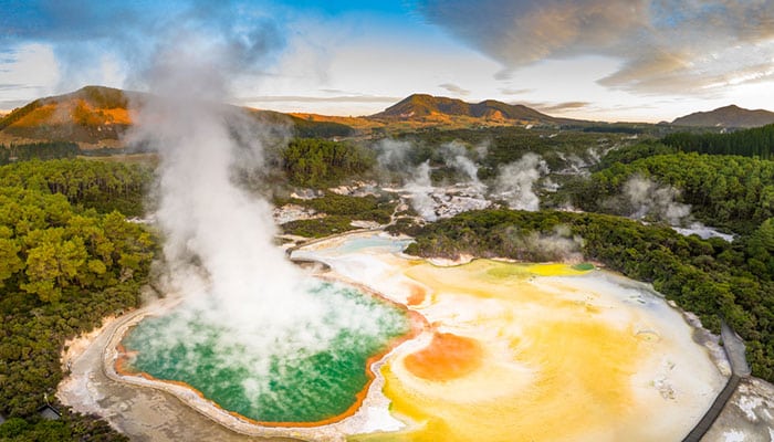 Rotorua - Aerial footage of hot sulphur springs at sunrise