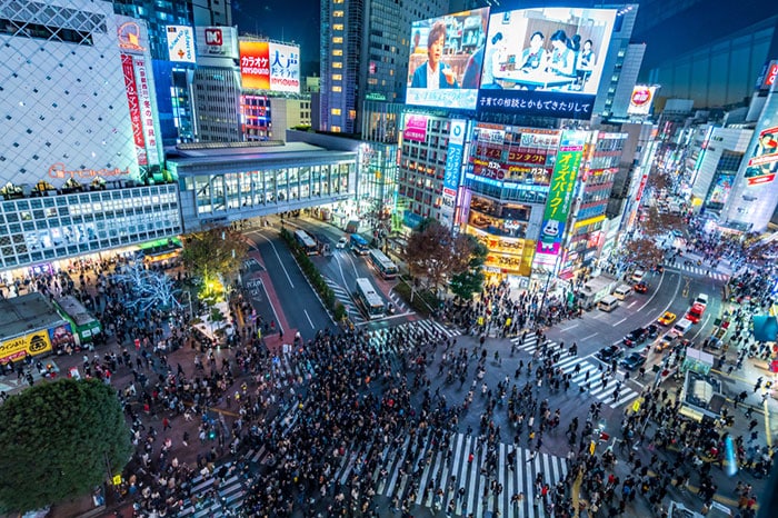 Shibuya district at night in Tokyo