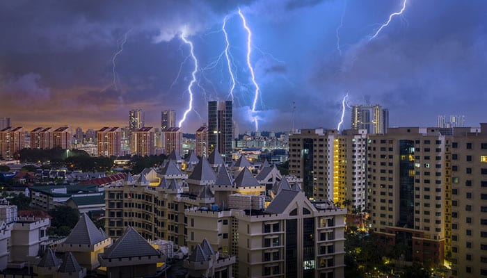 Tropical thunderstorm over apartment buildings in Singapore