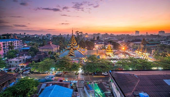 Yangon skyline in Myanmar with beautiful sunrise