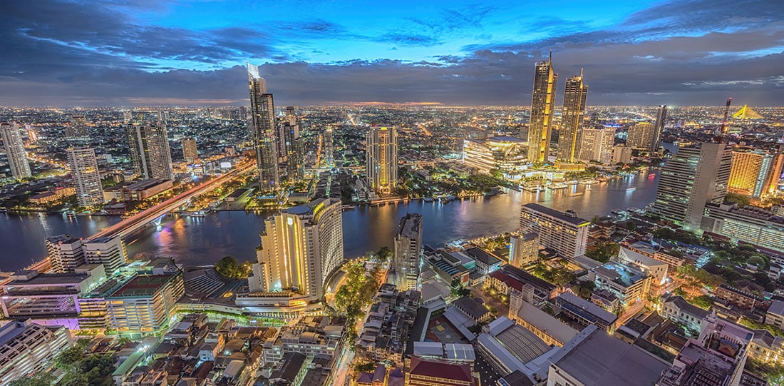 Bangkok Thailand, night city skyline at Chao Phraya River with Icon Siam in background