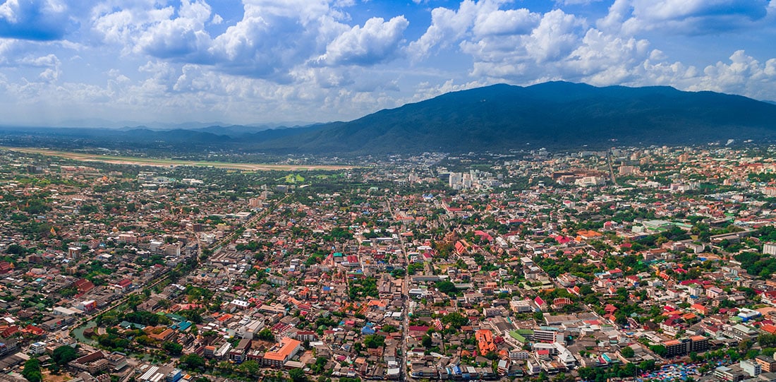 Chiang Mai Panorama shot from a drone with Doi Suthep in background