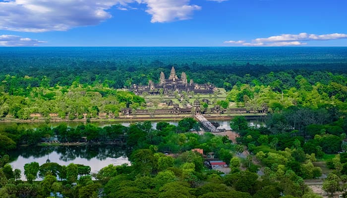 Aerial view of Angkor Wat Temple, Siem Reap, Cambodia, Southeast Asia. UNESCO World Heritage Site.