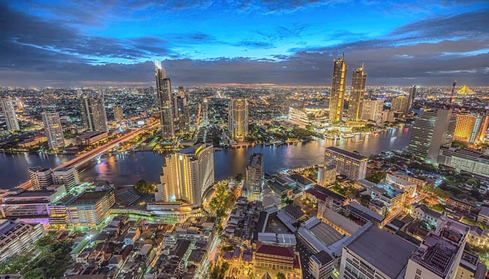 Bangkok Thailand, night city skyline at Chao Phraya River with Icon Siam in background