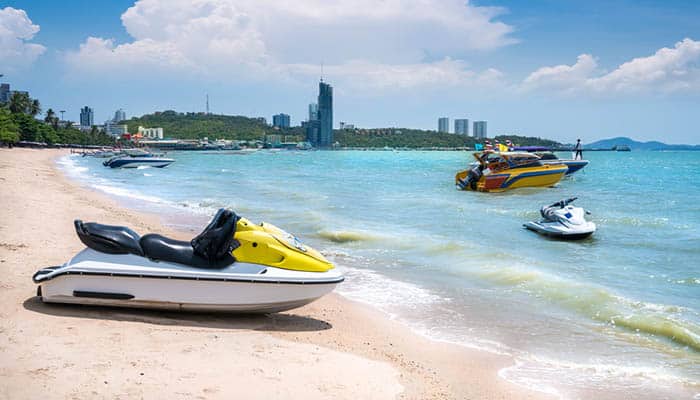 Beautiful speedboat, white sand beach at Pattaya Beach