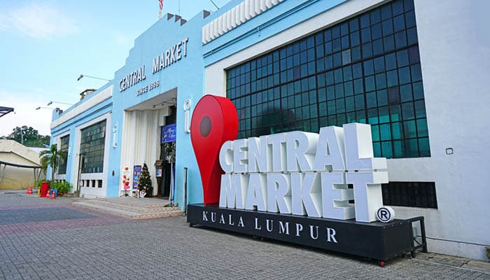 View of the Central Market, a blue and white 1937 Art Deco Central Market (Pasar Seni) building, which is one of the main attractions in Kuala Lumpur.