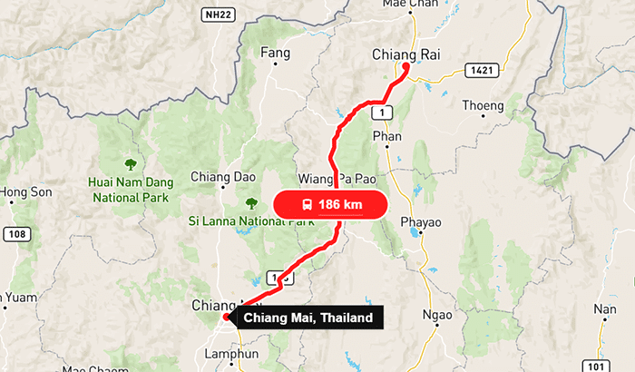 Map depicting the 186 km route from Chiang Mai to Chiang Rai in Thailand, with a prominent red line highlighting the main road used for travel between the two cities on BangkokAttractions.com.