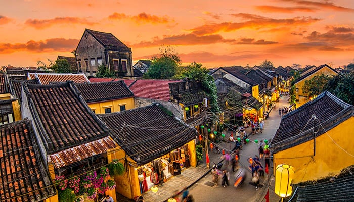 Rooftop view of Hoi An ancient town with sunset red sky