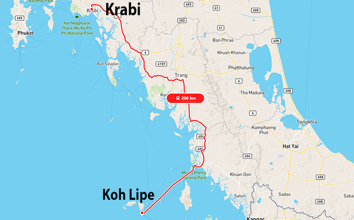 Map showing the 296 km travel route from Krabi to Koh Lipe with red lines indicating roads and sea crossing on www.bangkokattractions.com.