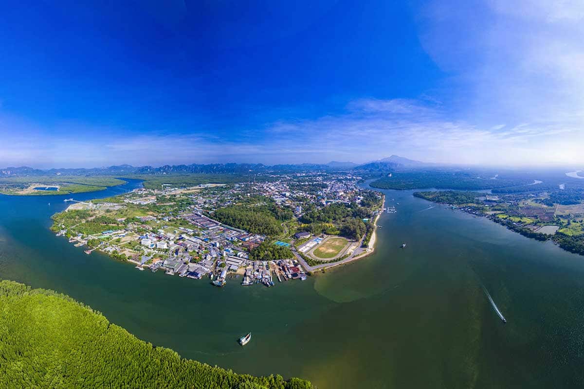 Krabi Town Thailand taken by drone aerial view of Pak Nam Krabi and Andaman Sea Panoramic
