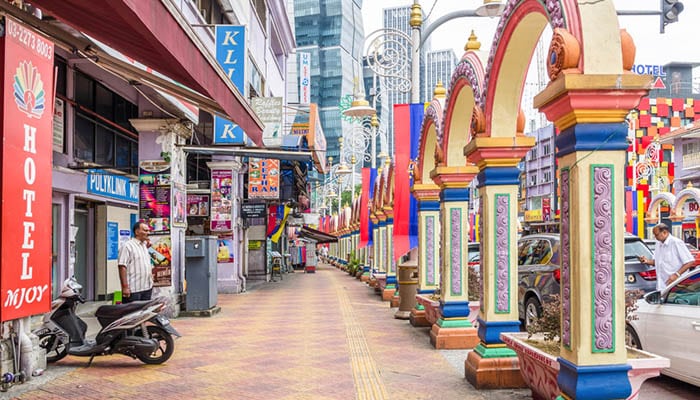 Little India in Kuala Lumpur, wide street with Indian stores and restaurants.