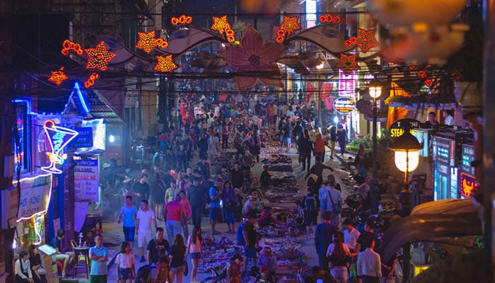 Sapa local market at night. Shops and restaurants.