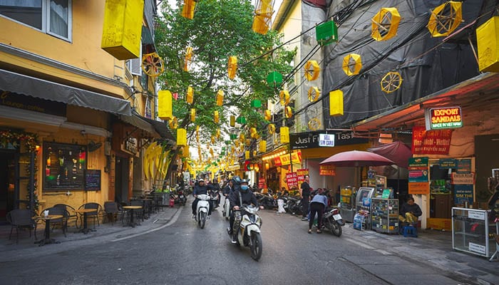 Beautiful tourist street with decorations in the Old Quarter of Hanoi