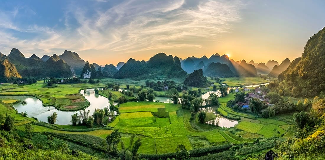 Rice terrace field in sunset and dawn at Phong Nam, Vietnam