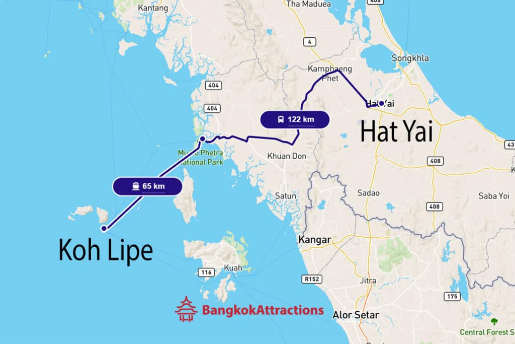 Map highlighting the travel route from Koh Lipe to Hat Yai with distances for ferry and bus segments.