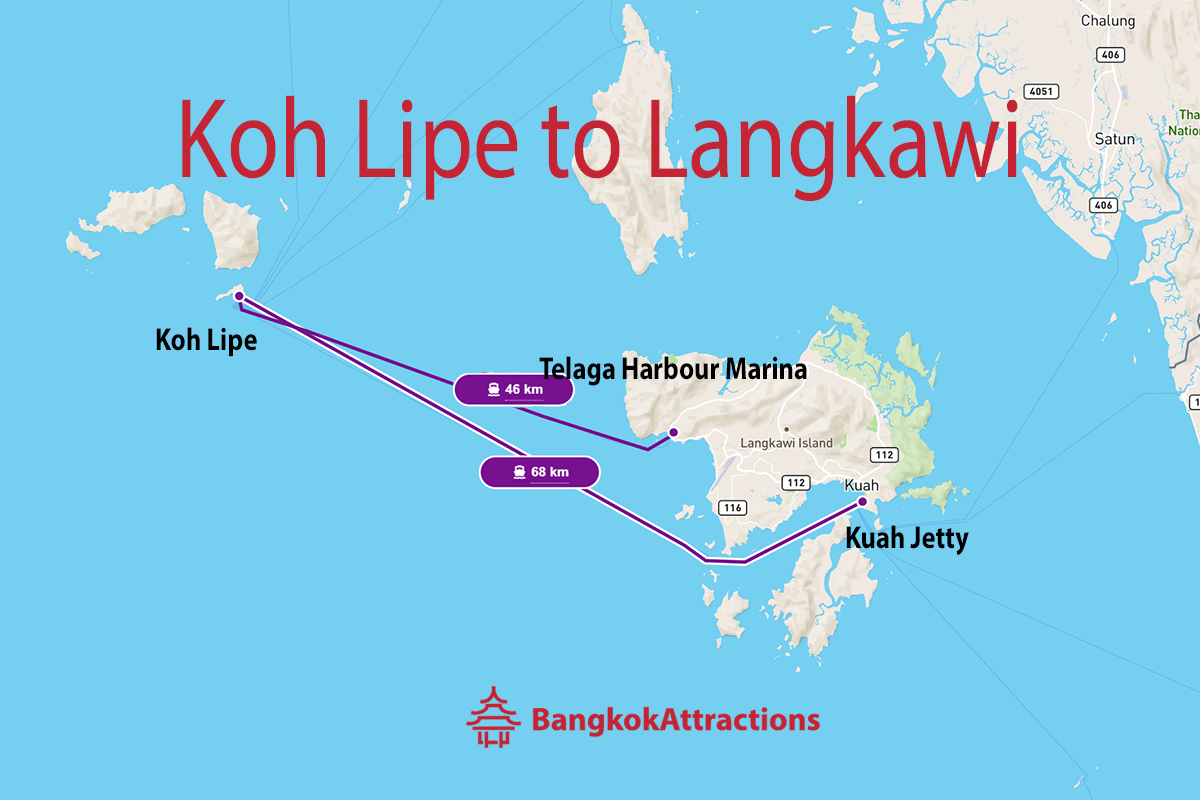 Map showing ferry routes from Koh Lipe to Langkawi with distances to Telaga Harbour Marina and Kuah Jetty.