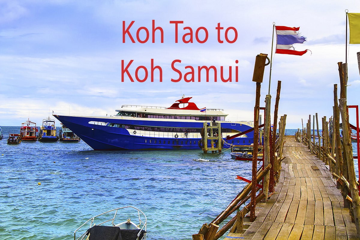 Songserm ferry docked at Mae Haad Pier, Koh Tao, with the text 'Koh Tao to Koh Samui' and a Thai flag flying, set against a seascape backdrop.
