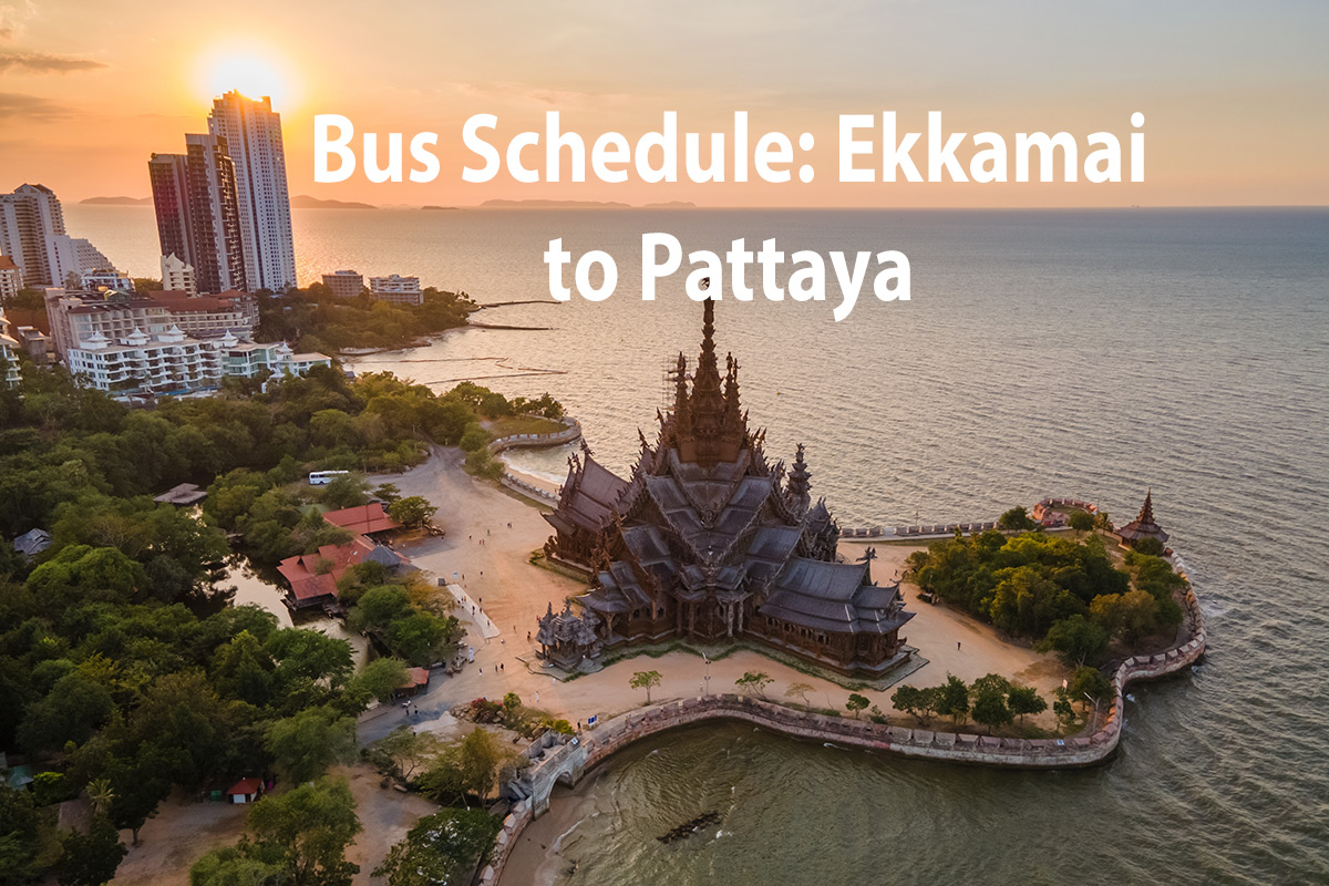 Aerial view of Sanctuary of Truth in Pattaya at sunset with text "Bus Schedule: Ekkamai to Pattaya"